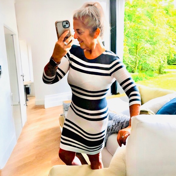 French Connection Womens T- Shirt Bodycon Dress Blue & White Stripes NWOT Size 4 - Picture 1 of 7